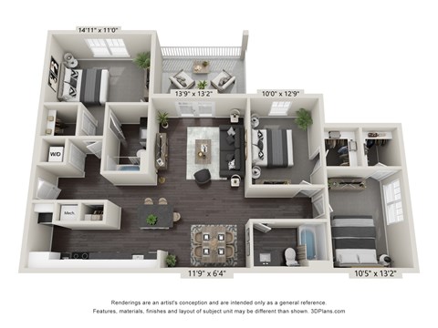 Floor plan for 3 beds, 2 baths, 1292 sqft